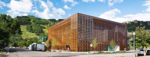 Exterior shot of Oversized insulated glass units for Aspen Art Museum's entrance.