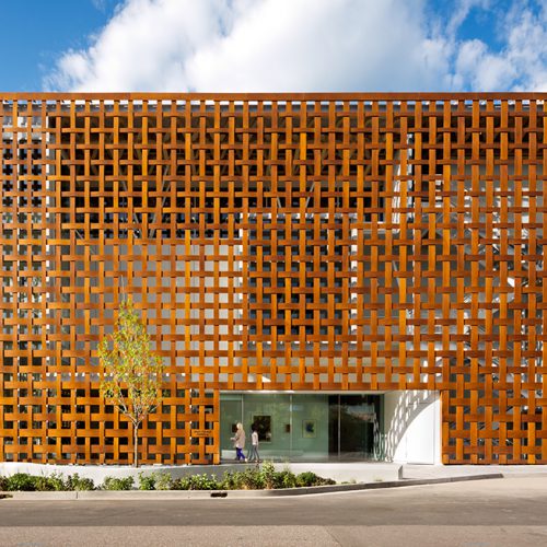 Exterior shot of Oversized insulated glass units for Aspen Art Museum's entrance.