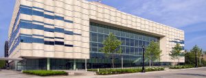 Exterior shot of the Cleveland Medical Mart featuring AGNORA fabricated oversized structural glass fins.