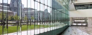 Interior shot of the Cleveland Medical Mart featuring AGNORA fabricated oversized structural glass fins.