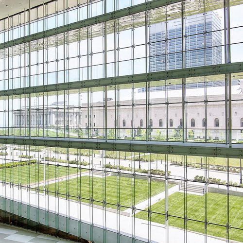 Interior shot of the Cleveland Medical Mart featuring AGNORA fabricated oversized structural glass fins.