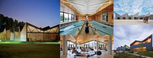 Collage of various shots ofthe WMS boathouse at Clark Park, Chicago featuring Oversized, daylighting insulated glass units.