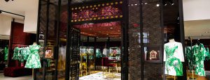 nterior View of Dolce & Gabbana's store with all glass room featuring black lace interlayers.