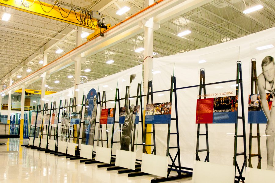 View of the digitally-printed images of the history of basketball on glass mural, inside the AGNORA plant.