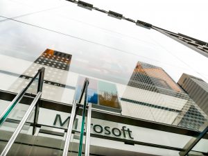 Close up exterior view of Microsoft's flagship store, glass facade with oversize laminates.