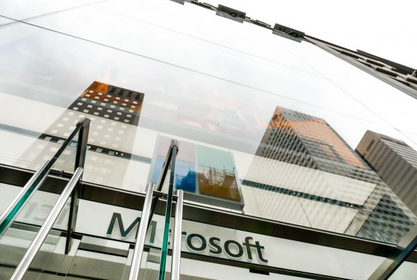 Close up exterior view of Microsoft's flagship store, glass facade with oversize laminates.