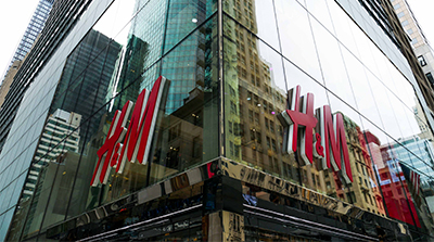 Close up of H&M signage, from outside of the store.