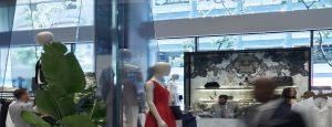 Close up of retailer Reiss' display shards. AGNORA fabricated the oversized display shards measuring up to 222" in length. The mannequin displays are oversized angled fins, measuring up to 190" in length. 
