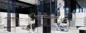Close up of retailer Reiss' display shards. AGNORA fabricated the oversized display shards measuring up to 222" in length. The mannequin displays are oversized angled fins, measuring up to 190" in length. 