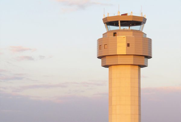 Exterior shot of the Sarasota Airport Control Tower, including oversized, laminated trapezoids