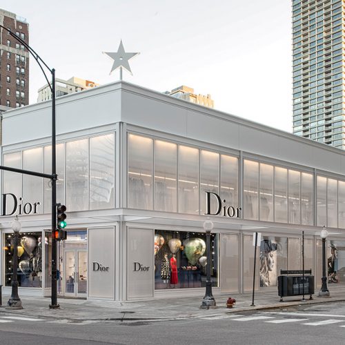 Exterior, street view of Dior flagship in Chicago, AGNORA fabricated Insulated Glass Units up to 146" in length, laminated, tempered, and digitally-printed.