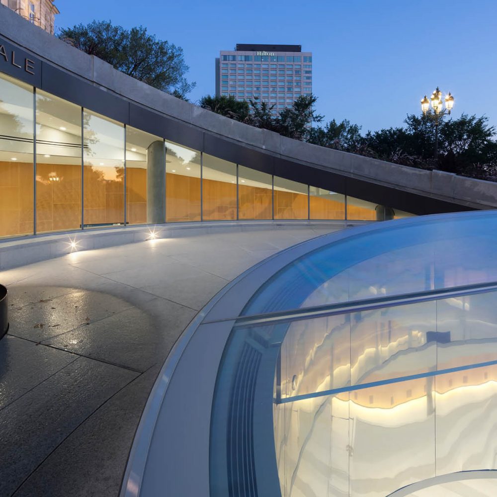 The Oculus custom glass facade closeup, showing slope and frit