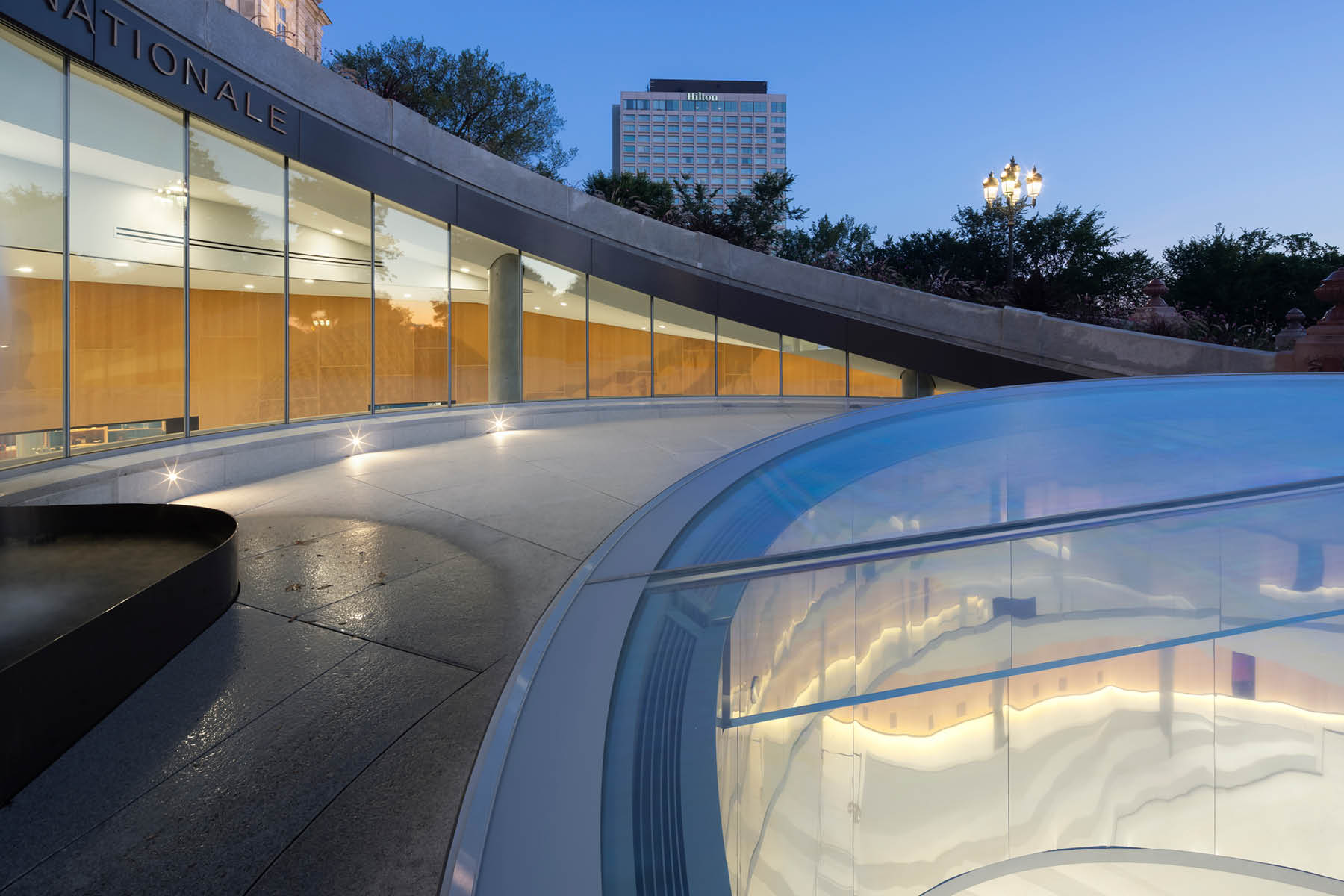 The Oculus custom glass facade closeup, showing slope and frit